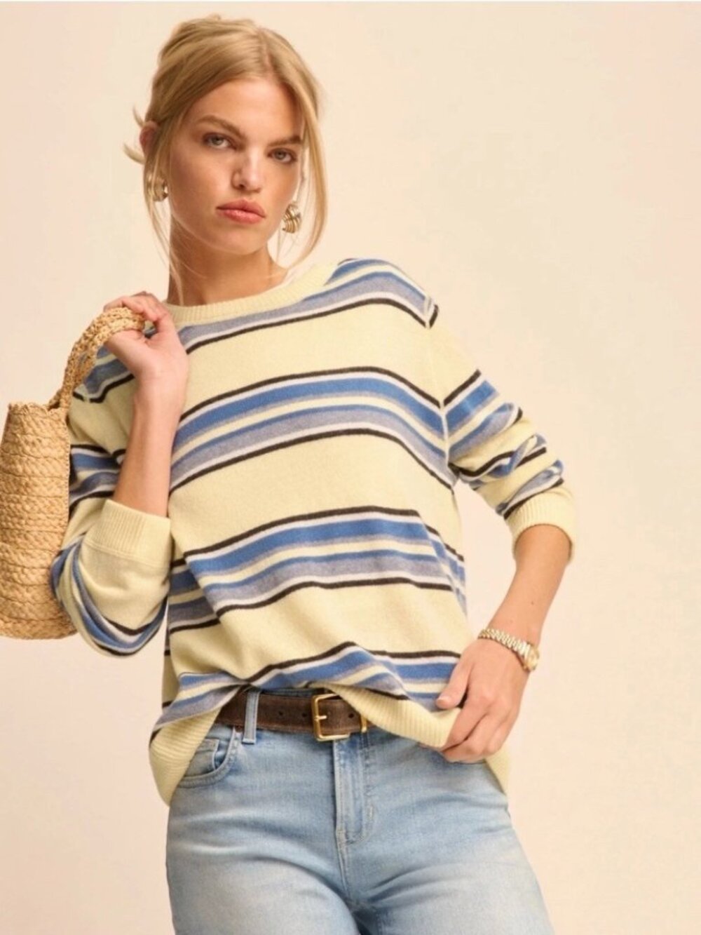 Reformation 100% Cashmere Boyfriend Sweater Women’s Large Parmesan Multi Striped